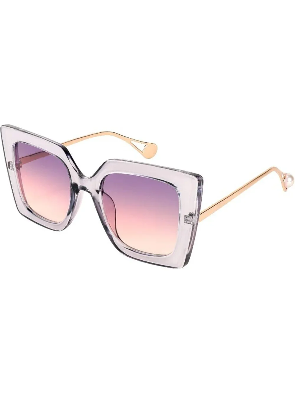 Women's Trendy Square Shades Pearl Inlay Cat Eye UV400 Protection Clear Purple